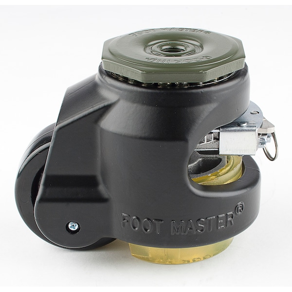 Leveling Caster, Ratchet, 63 mm Nylon Wheel, 1/2-13 Stem, Swivel, 500 kg Cap, PU Foot Pad, Black